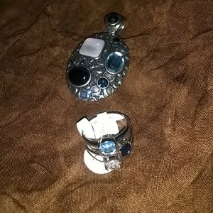 Lia Sophia blue, pearl, silver pendant and ring